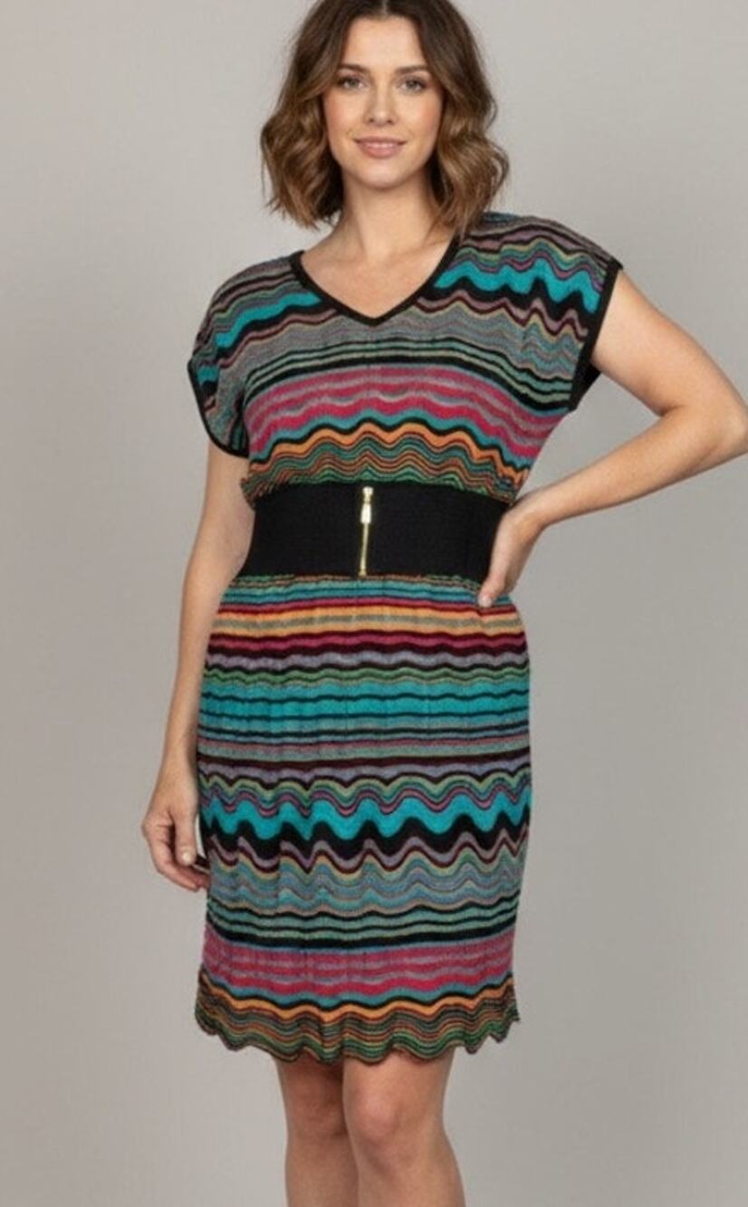 Vintage Y2K Vibrant Striped Woven Mini Dress w/Unique Cinched Waist Zipper